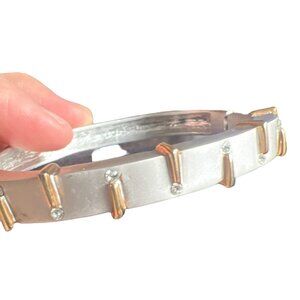 Vintage Hinged Bracelet Matte Brushed Silver Tone Rhinestones Gold Accent Brutal